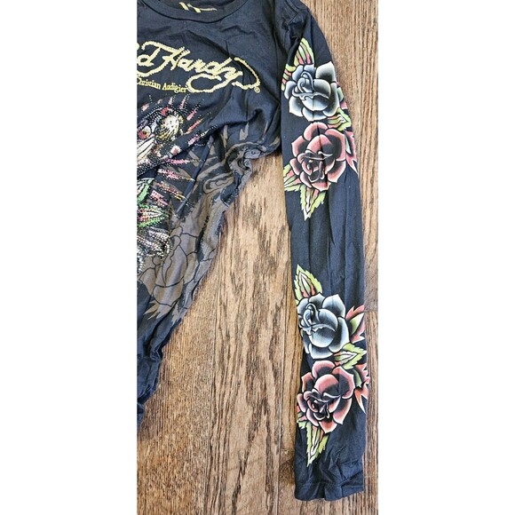 Vtg Y2K Ed Hardy Black Panther Roses Rhinestones Long Sleeve Top Size S - Picture 11 of 12